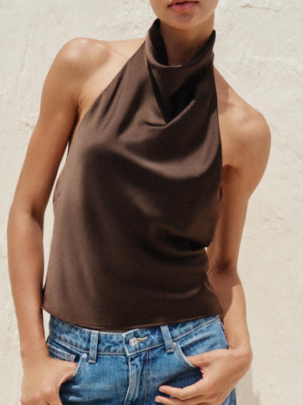 Zara Brown Satin Halter Top - Large